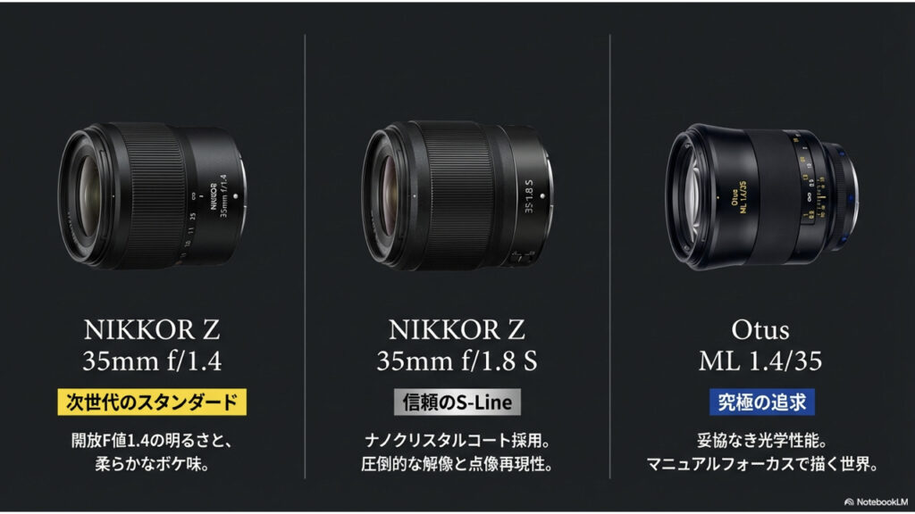 3本の35mmレンズのコンセプト比較。「次世代スタンダード（f/1.4）」「信頼のS-Line（f/1.8 S）」「究極の追求（Otus）」というそれぞれの立ち位置の解説。