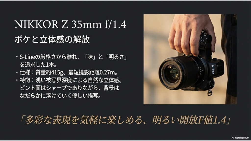NIKKOR Z 35mm f/1.4の製品特徴。Zマウントカメラに装着された外観と、「ボケと立体感の解放」というコンセプト、質量約415gなどの主な仕様。