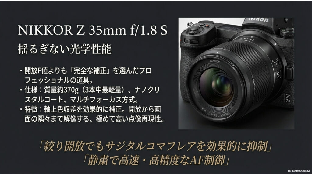 NIKKOR Z 35mm f/1.8 Sの製品特徴。カメラ装着時の外観と、「揺るぎない光学性能」のコピー。S-Lineとしての高い補正能力と、3本の中で最軽量（約370g）であることの解説。