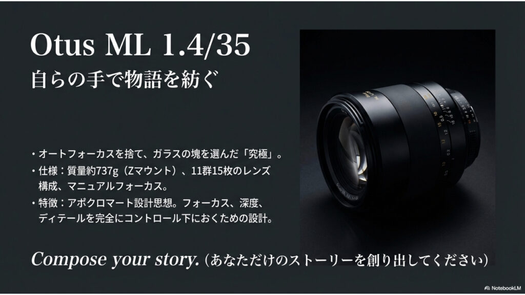 Otus ML 1.4/35の製品特徴。重厚なレンズ外観と、「自らの手で物語を紡ぐ」というコピー。約737gの重量と11群15枚のアポクロマート設計による究極のディテール管理の解説。