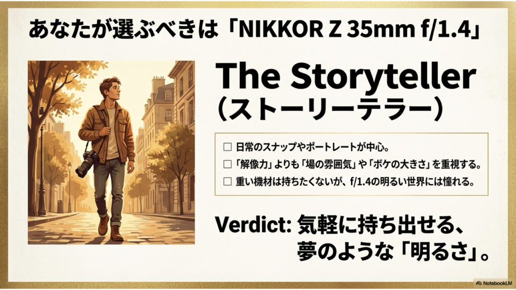 NIKKOR Z 35mm f/1.4を勧める人。日常のスナップやポートレートを中心に、場の雰囲気やボケの大きさを重視し、軽快に撮影を楽しみたい人向けの解説。