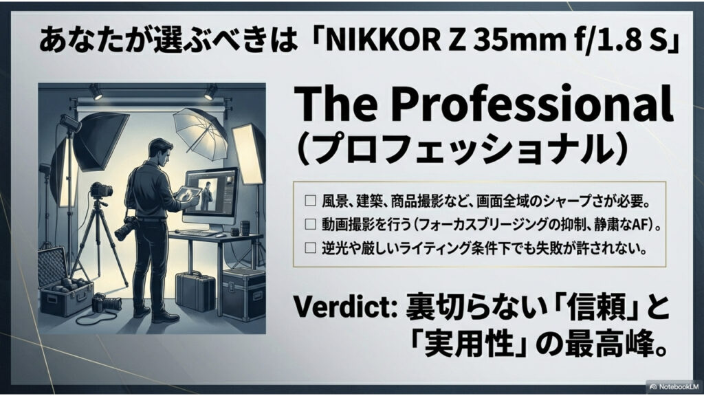 IKKOR Z 35mm f/1.8 Sを勧める人。風景や建築、動画撮影など、画面全域のシャープさと静粛なAF、過酷な条件下での信頼性を求める実務家向けの解説。