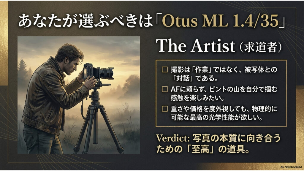 Otus ML 1.4/35を勧める人。AFを捨てて最高峰の光学性能とマニュアルフォーカスの感触を楽しみ、写真の本質に向き合いたい「アーティスト」向けの解説。