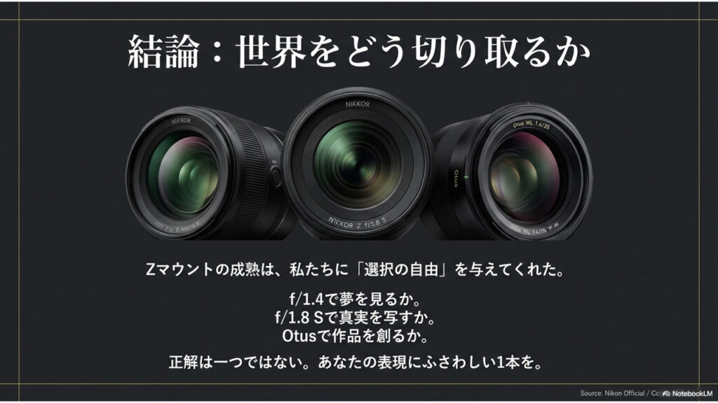 比較のまとめ。NIKKOR Z 35mm f/1.4、f/1.8 S、Otusの正面写真。「正解は一つではない。あなたの表現にふさわしい1本を」という、選択の自由を提案する結びのスライド。