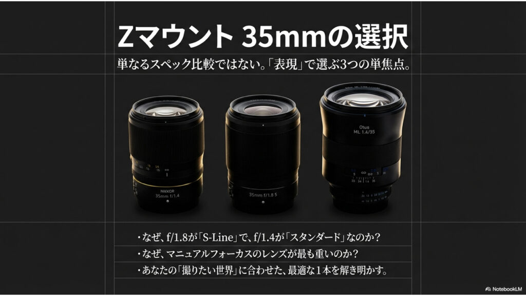 Zマウント35mmレンズ比較記事の表紙。NIKKOR Z 35mm f/1.4、f/1.8 S、Otus ML 1.4/35の3本が並び、「表現で選ぶ3つの単焦点」をテーマにした導入スライド。